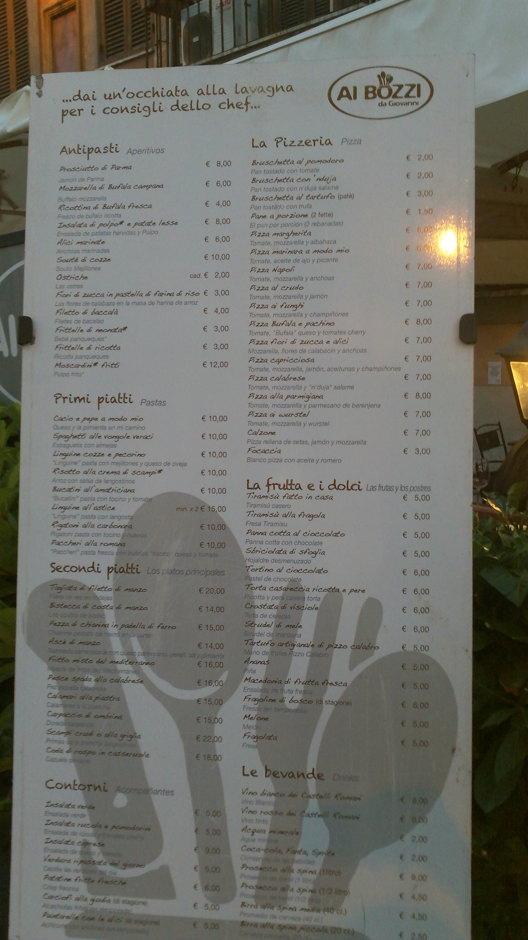 Restaurant in Rome – Ai Bozzi – Entire Menu