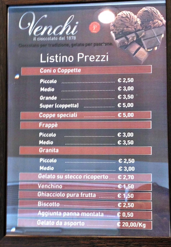 Gelato Shop in Rome - Venchi - Price List