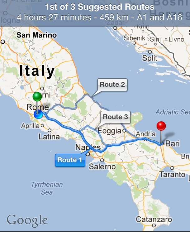 Rome to Bari - Driving Routes