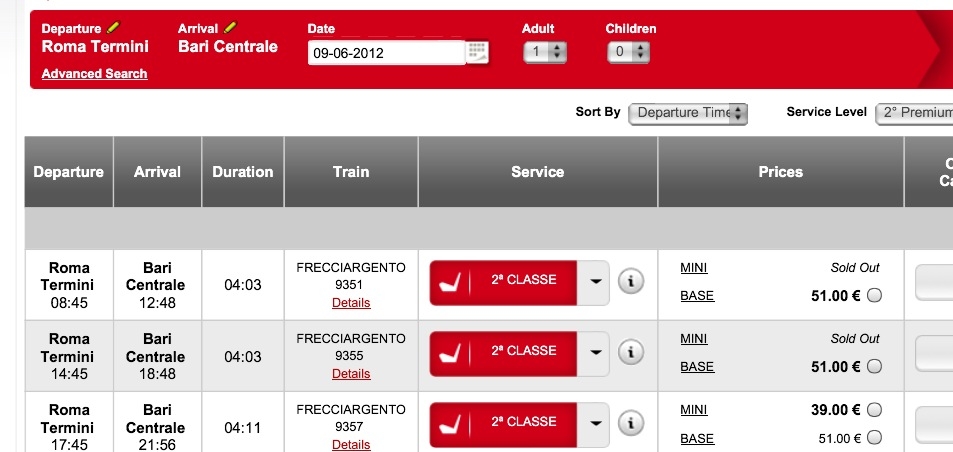 Rome to Bari: Train schedule