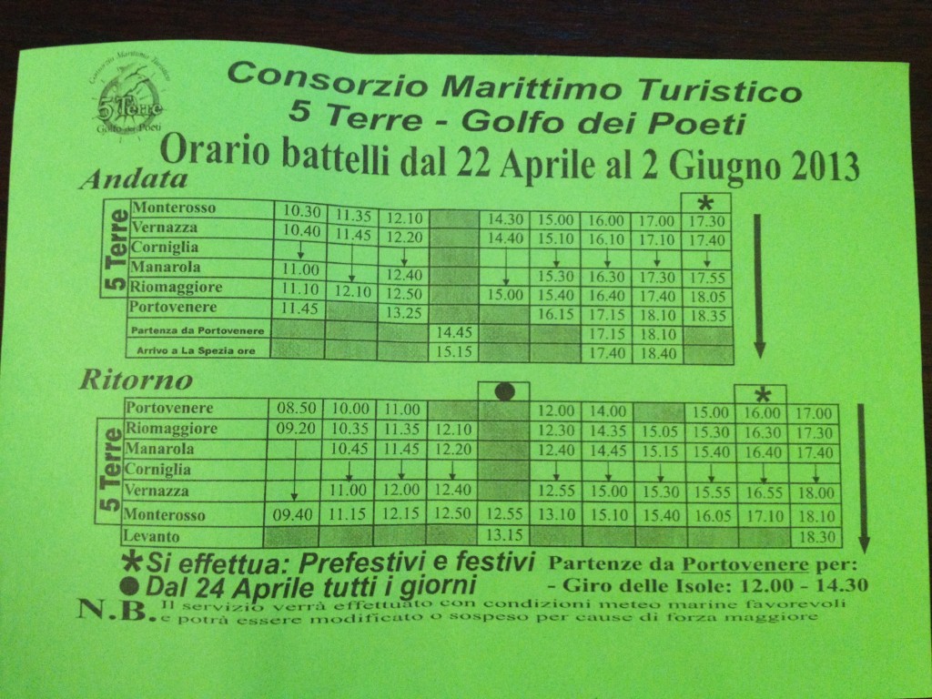 Ferry Schedule, Cinque Terre, Italy