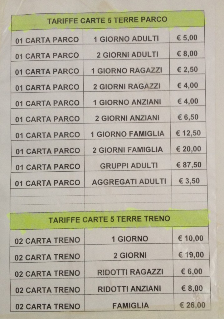 Train tariff for Cinque Terre, Italy